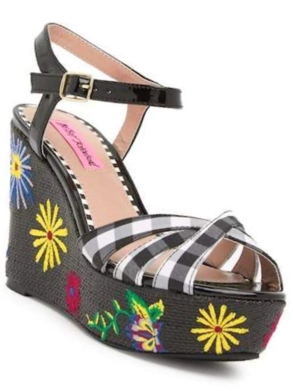 Betsey Johnson - TRACI - plaid gingham picnic embroidered wedge heels 6 NWOT